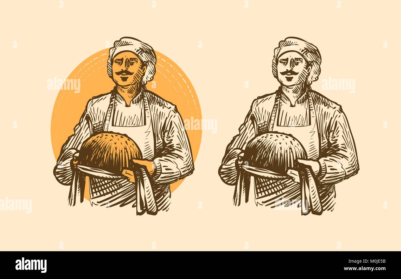 Bäckerei, Backwaren Konzept. Koch oder Bäcker mit warmem Brot in den Händen. Skizze Vector Illustration Stock Vektor