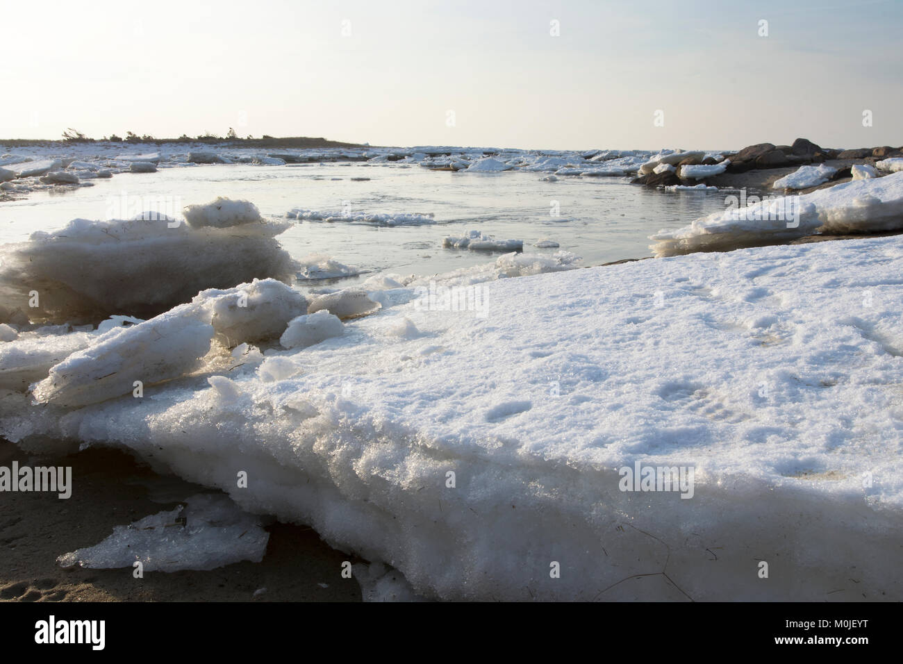 Die eisigen Küste von Cape Cod Bay in Brewster, Massachusetts, USA auf einem Januar Tag. Stockfoto