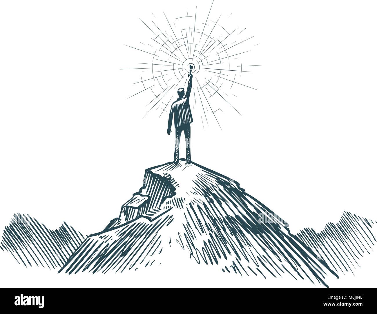 Man steht oben am Berg mit einer Fackel in der Hand. Business, wenn das Ziel, Erfolg, Discovery Konzept. Skizze Vector Illustration Stock Vektor