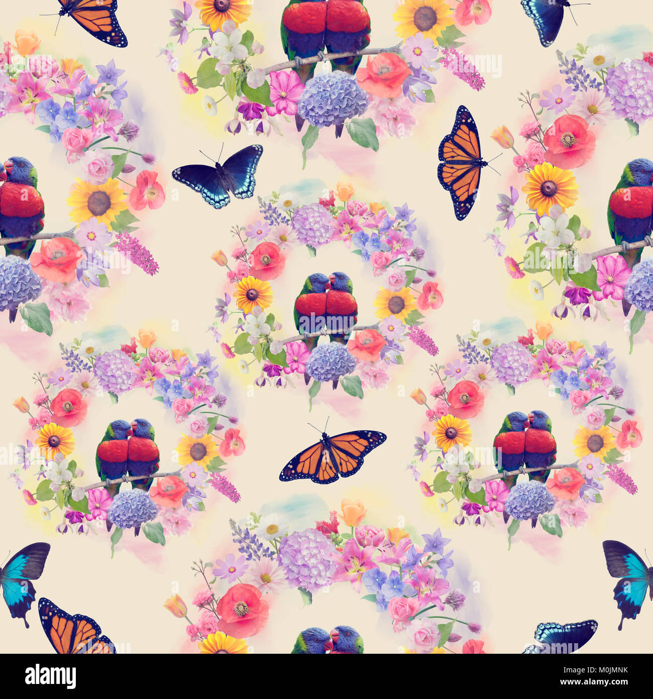 Nahtlose Natur Muster mit Blumen, Vögel und Schmetterlinge. Endlose Textur für Ihr Design. Stockfoto