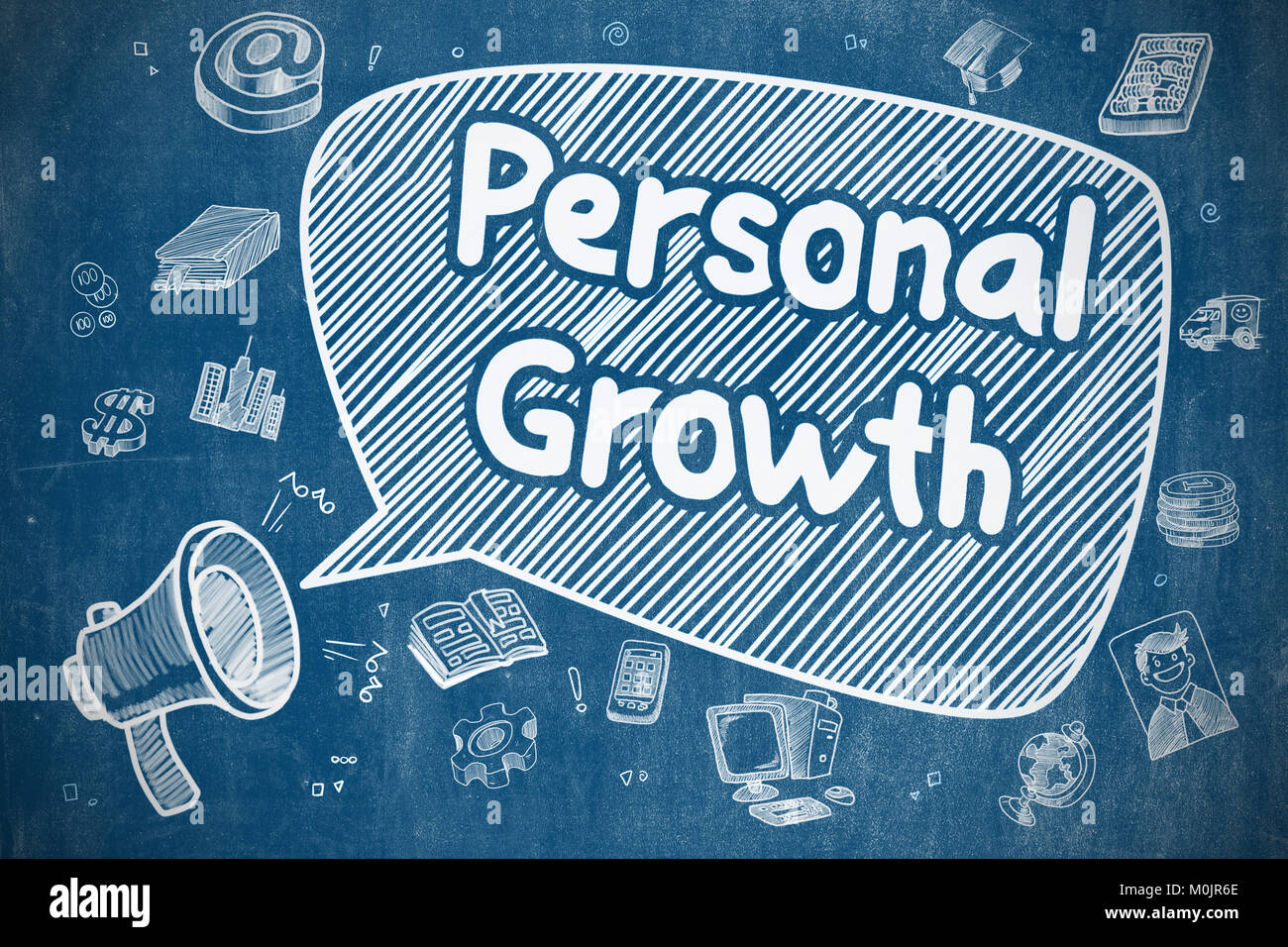 Persönliches Wachstum - Doodle Abbildung auf der blauen Tafel. Stockfoto