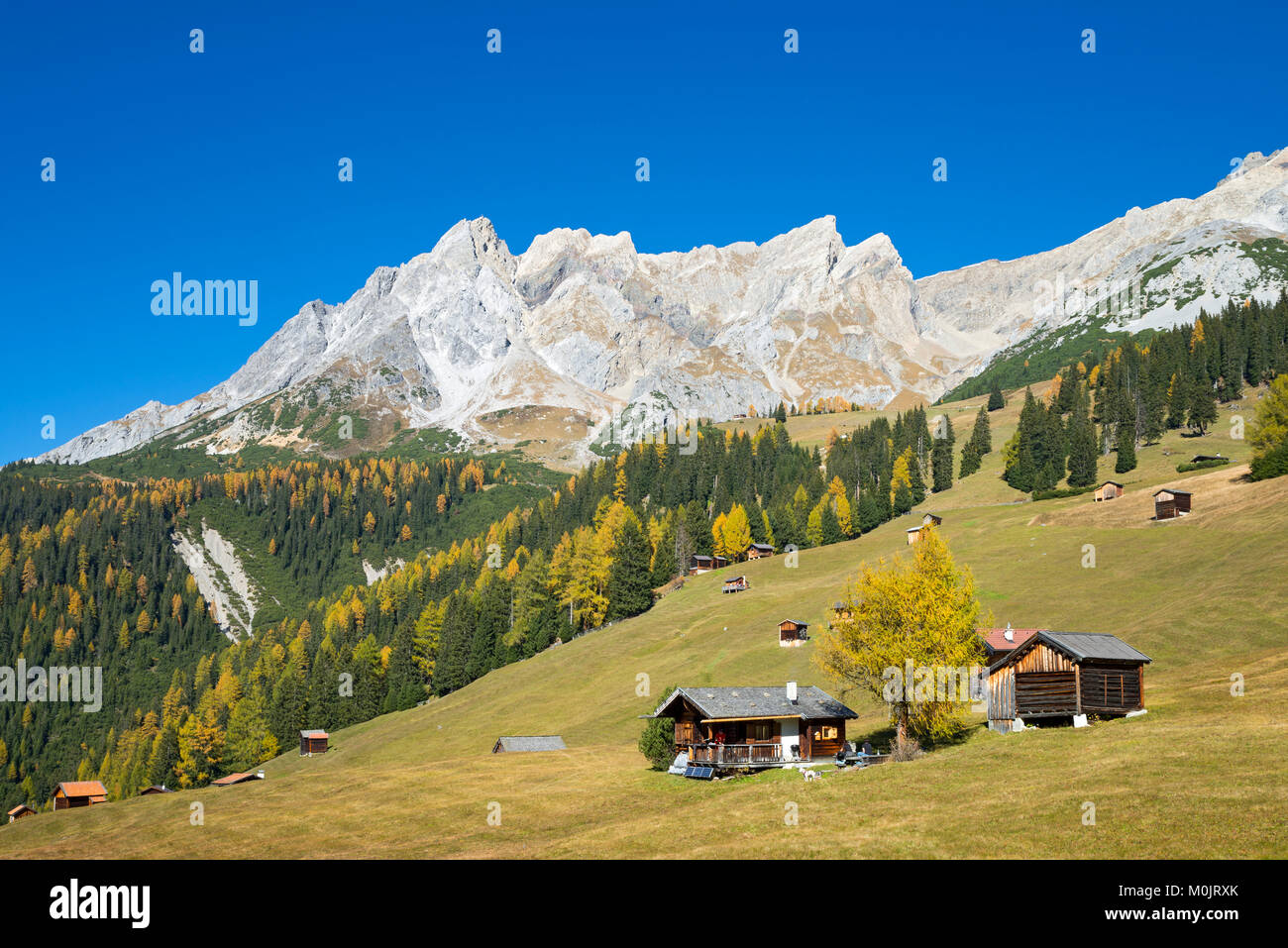 Herbstliche Berglandschaft mit Almhütten, hinter dem Eisenspitze, Dawin-Alpe, Wald, Wiesen, Strengen am Arlberg, Tirol Stockfoto