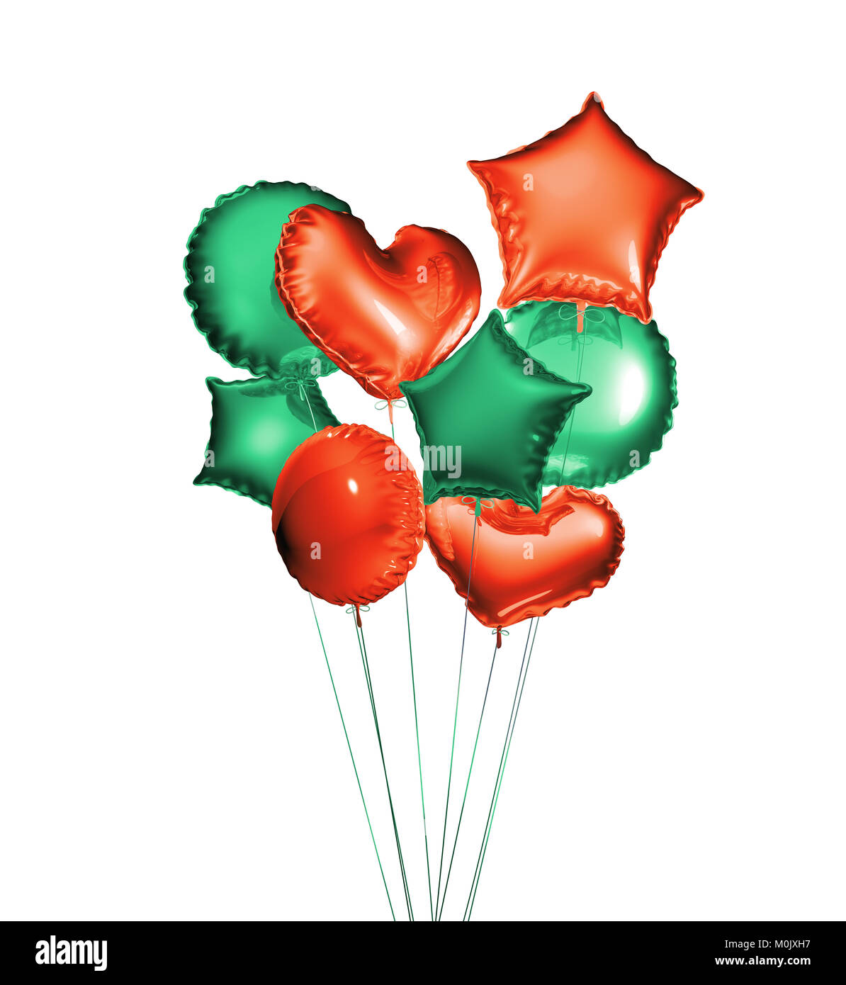 Acht grüne und rote Luftballons in den Formen einer Kugel, Herzen und Sterne auf weißem Hintergrund. 3D-Rendering. Stockfoto