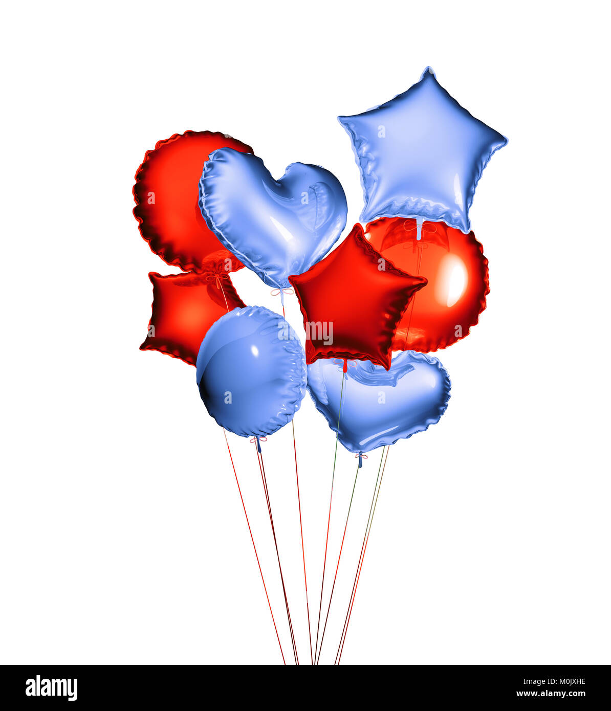 8 blaue und rote Luftballons in den Formen einer Kugel, Herzen und Sterne auf weißem Hintergrund. 3D-Rendering. Stockfoto