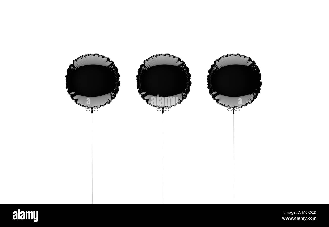 Drei schwarze metallisierte Folie Luftballons auf einem weißen Hintergrund. 3D-Render Abbildung. Stockfoto