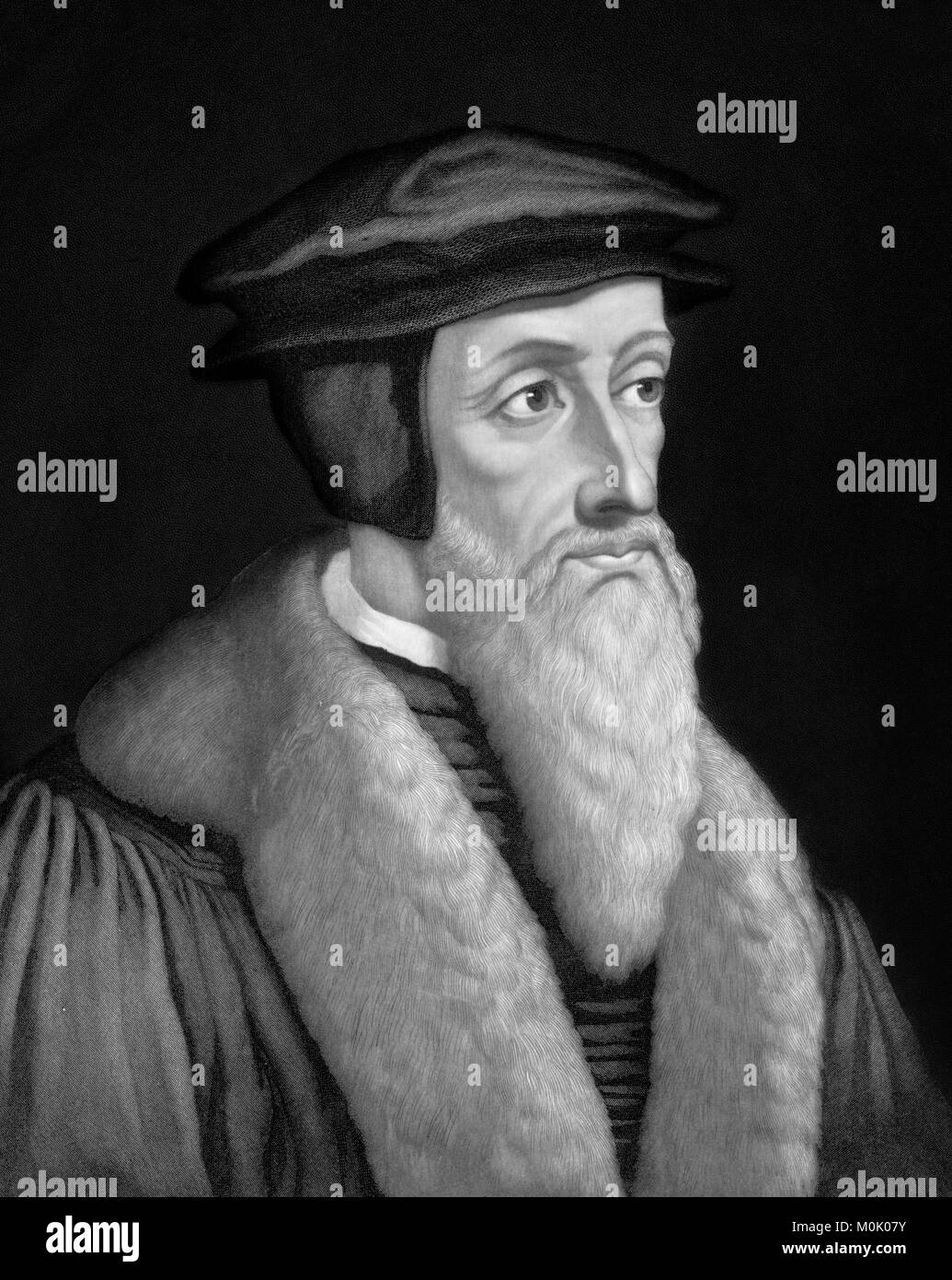 Johannes Calvin (1509-1564), Porträt des französischen Theologen und Reformator. Ein 1886 Kupferstich von John sartain aus einem original Gemälde von Hans Holbein dem Jüngeren. Stockfoto