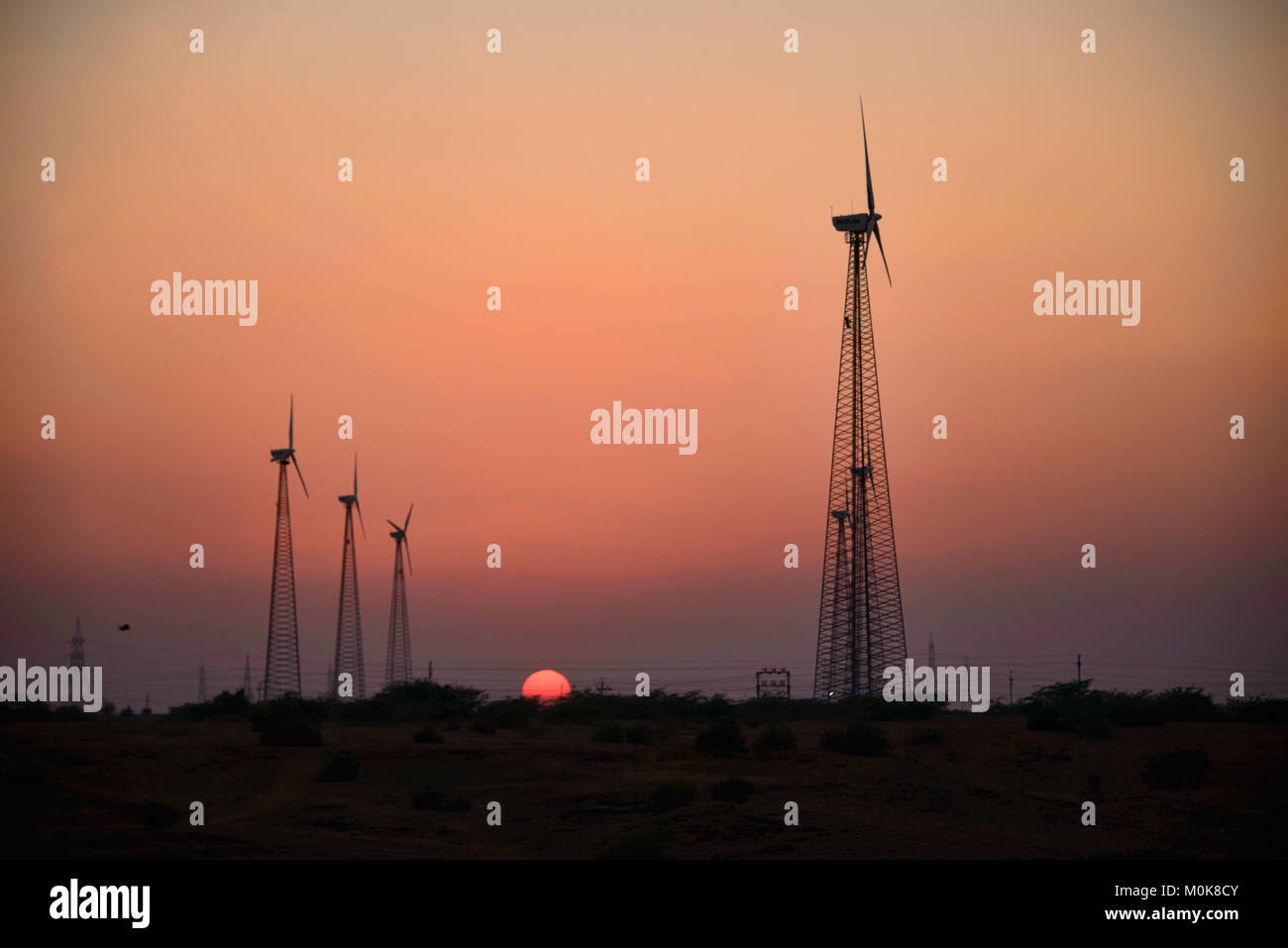 Windmühlen in der Wüste Thar bei Sonnenuntergang, Rajasthan, Indien Stockfoto