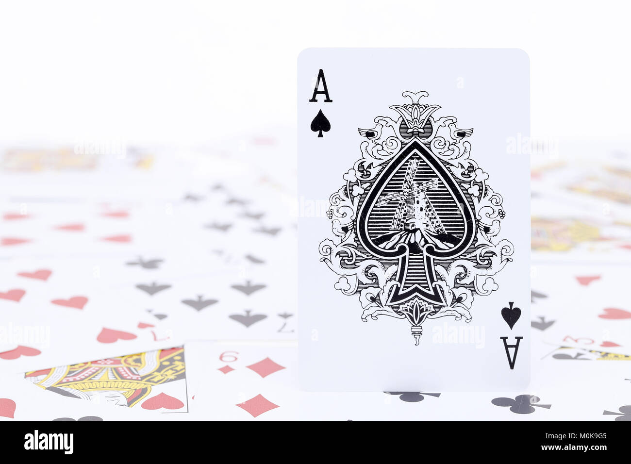 Spielkarten ass von Spaten, Nahaufnahme, auf weißem Hintergrund Stockfoto