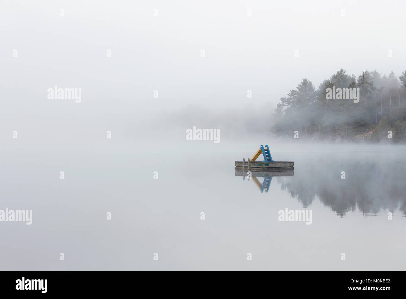 Nebel hüllt eine kleine Insel auf Turtle Lake in Ontario Muskoka Region, in der Nähe von Rosseau; Ontario, Kanada Stockfoto