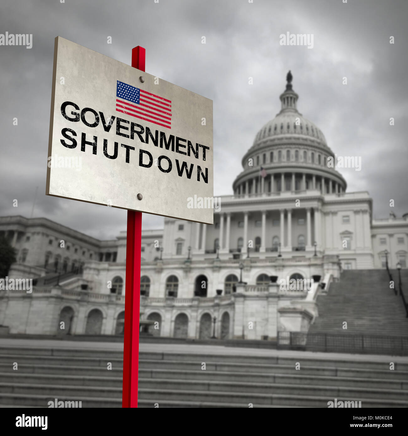 United States Government Shutdown und amerikanischen Federal wegen Ausgabe Rechnung Uneinigkeit als National Finance Symbol schließen. Stockfoto