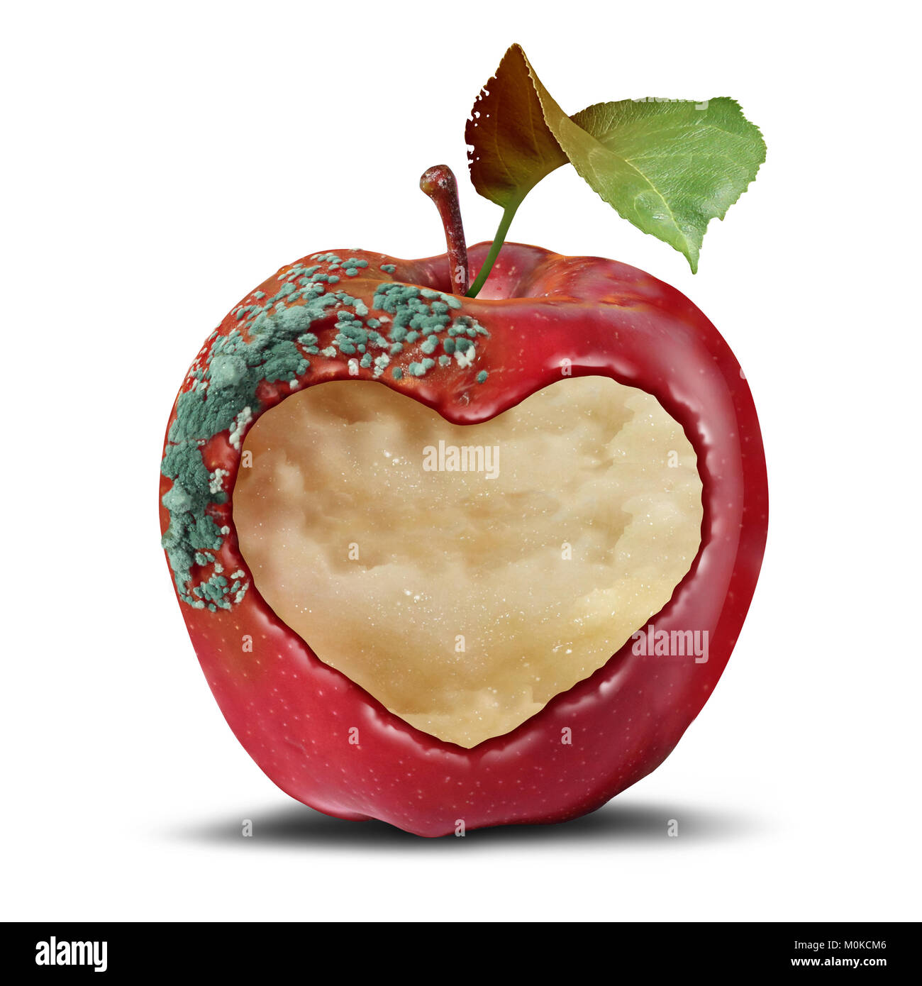 Beziehung Verlust als die Aufteilung und Trennung psychologische Stimmung Metapher als faulenden Apfel mit Herz in einer 3D-Darstellung. Stockfoto