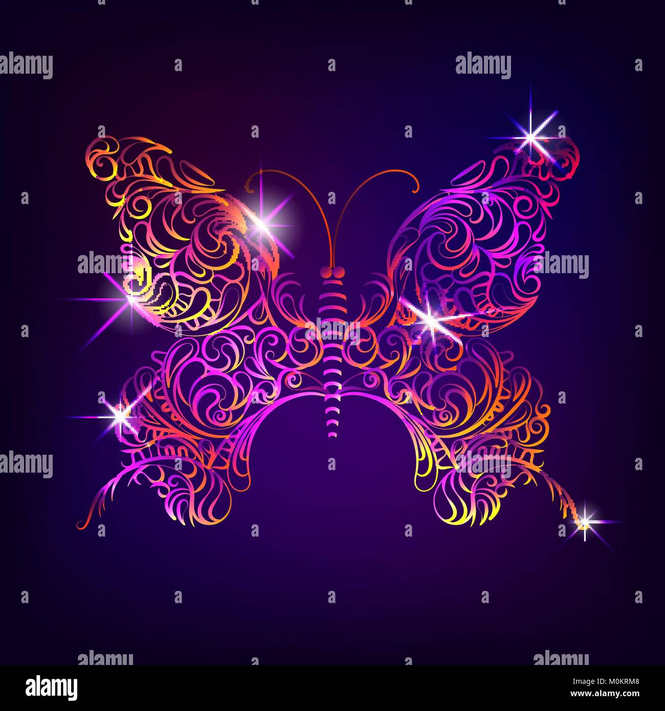 Dekorativer spitze Schmetterling in schillernden Farben auf dunklem Hintergrund Stock Vektor Dekorativer spitze Schmetterling in schillernden Farben auf dunklem Hintergrund Stock Vektor
