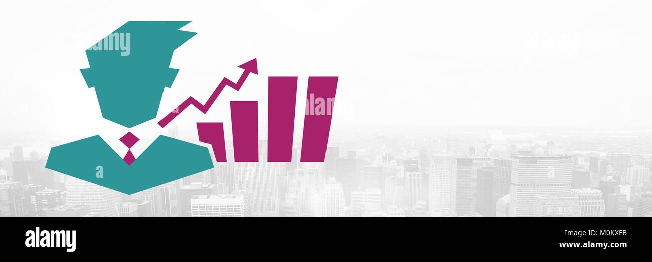 Geschäftsmann mit Chart Statistik Symbol über die Stadt Stockfoto