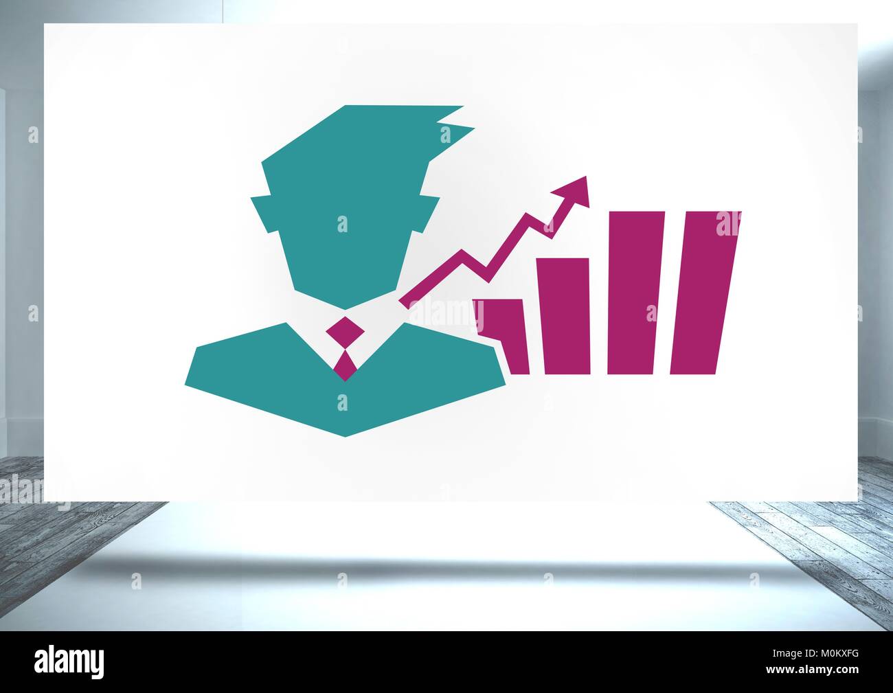 Geschäftsmann mit Chart Statistik Symbol auf dem Whiteboard Stockfoto