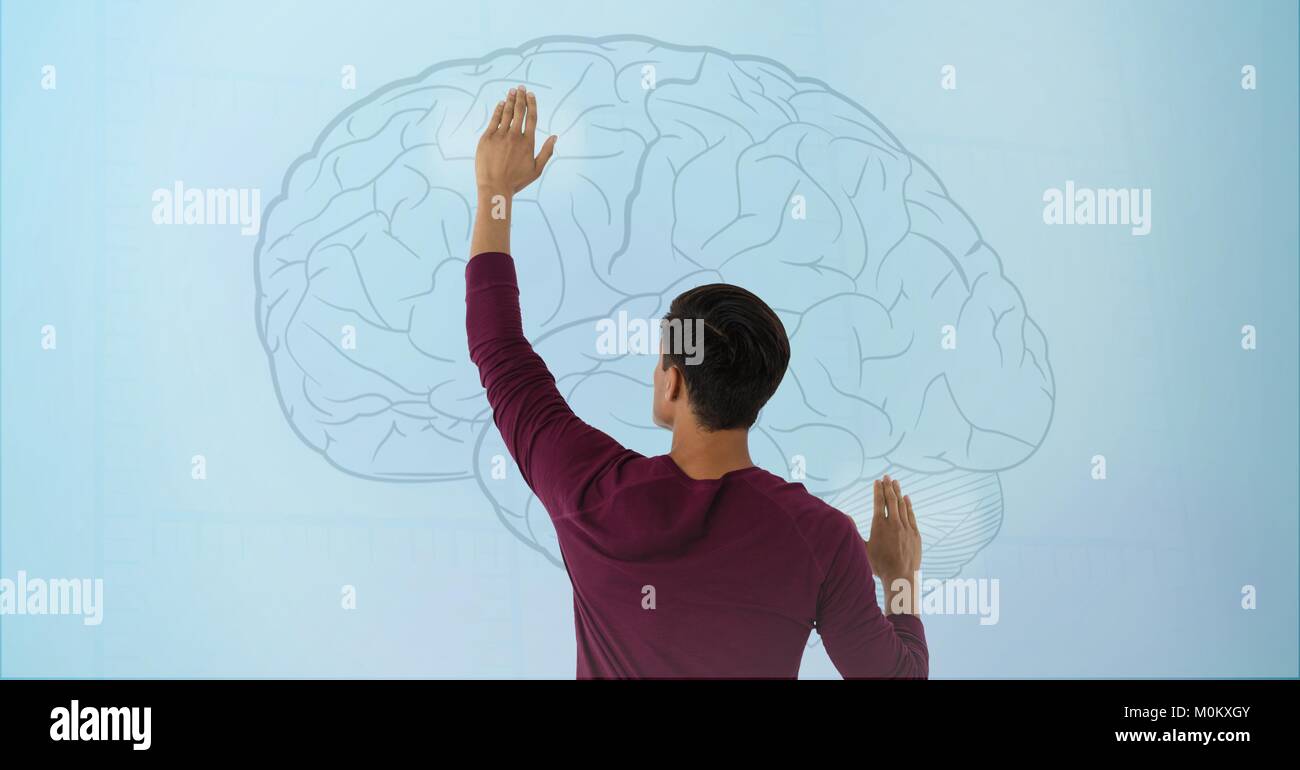 Mann berührt Gehirn Schnittstelle Stockfoto