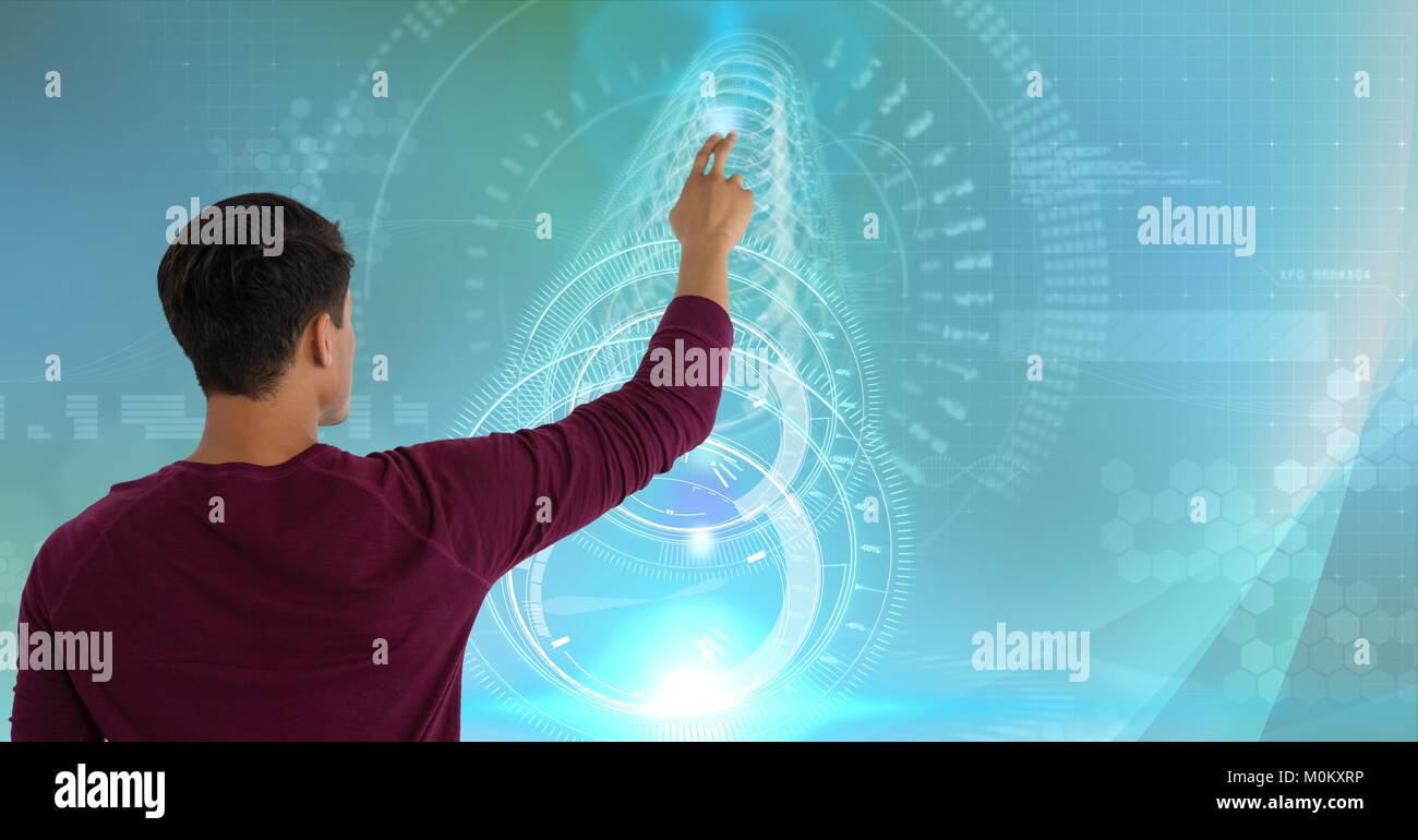 Mann berührt Bild Schnittstelle in die digitale Domäne Welt Stockfoto