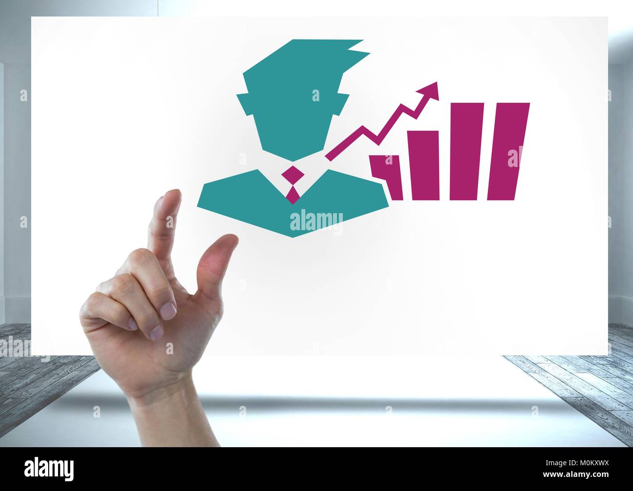 Zeiger mit Geschäftsmann und Chart Statistik Symbol auf dem Whiteboard Stockfoto