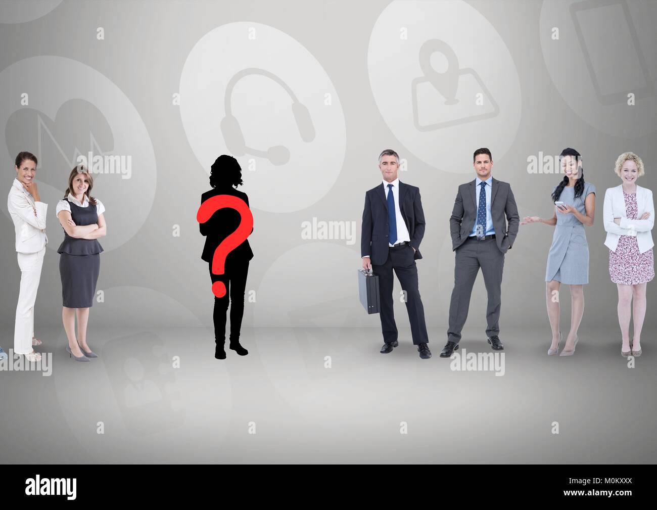 Fragezeichen auf Silhouette mit Geschäftsleuten Stockfoto