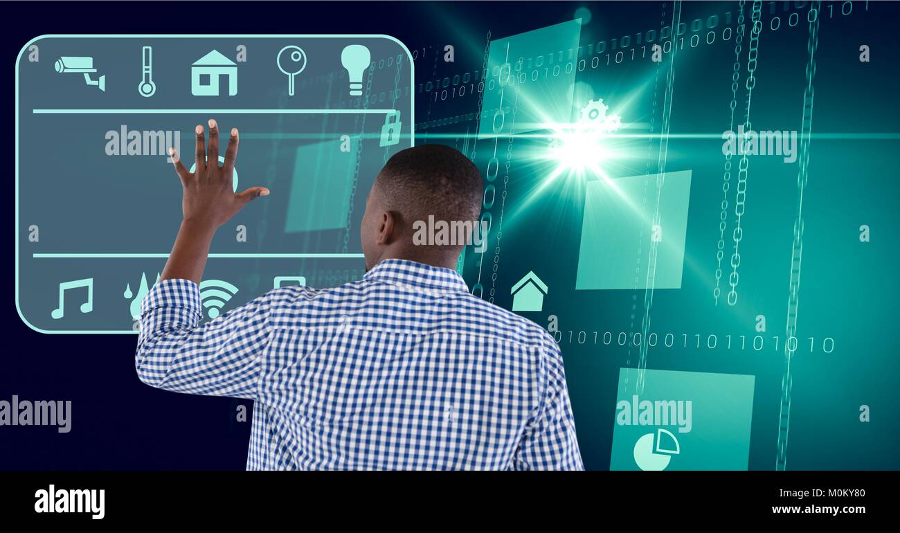 Mann berührt Schnittstelle in die digitale Domäne Hintergrund Stockfoto