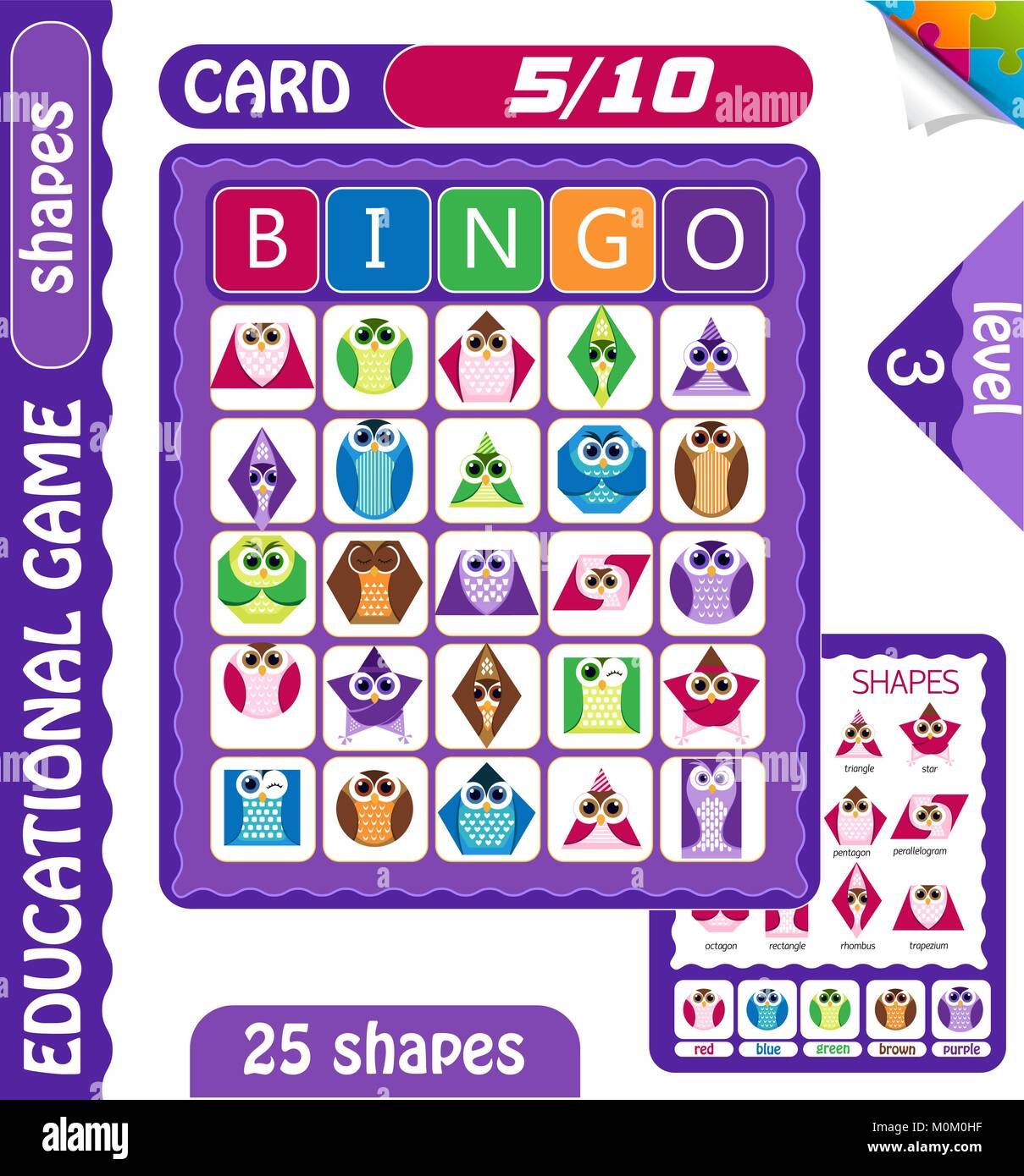 Educational Bingo Spiel für Kinder im Vorschulalter mit Formen in Form von Eulen. Bingo Karten. Cartoon Vector Illustration. Stock Vektor