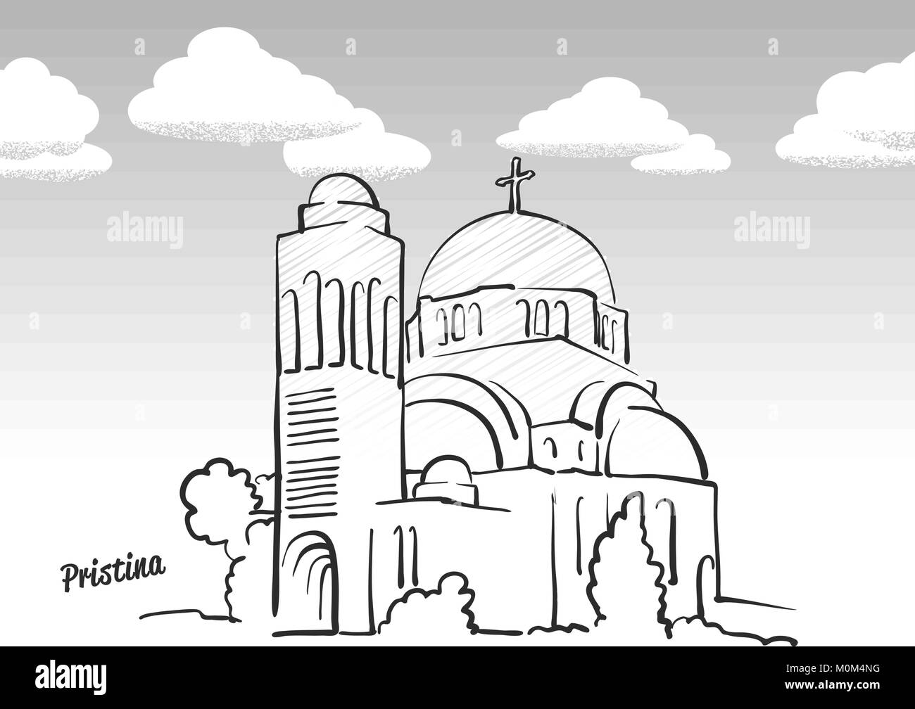 Pristina, Kosovo Wahrzeichen Skizze. Lineart Zeichnung von Hand. Grußkarte Symbol mit Titel, Vektor, Abbildung Stock Vektor