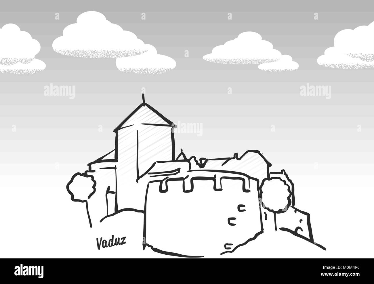 Vaduz, Liechtenstein Wahrzeichen Skizze. Lineart Zeichnung von Hand. Grußkarte Symbol mit Titel, Vektor, Abbildung Stock Vektor