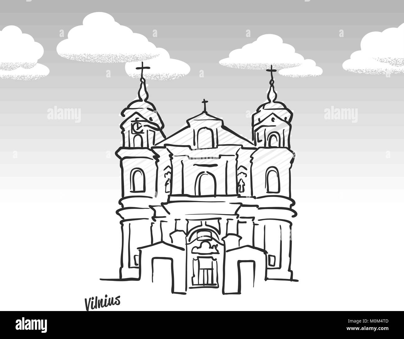 Vilnius, Litauen Wahrzeichen Skizze. Lineart Zeichnung von Hand. Grußkarte Symbol mit Titel, Vektor, Abbildung Stock Vektor