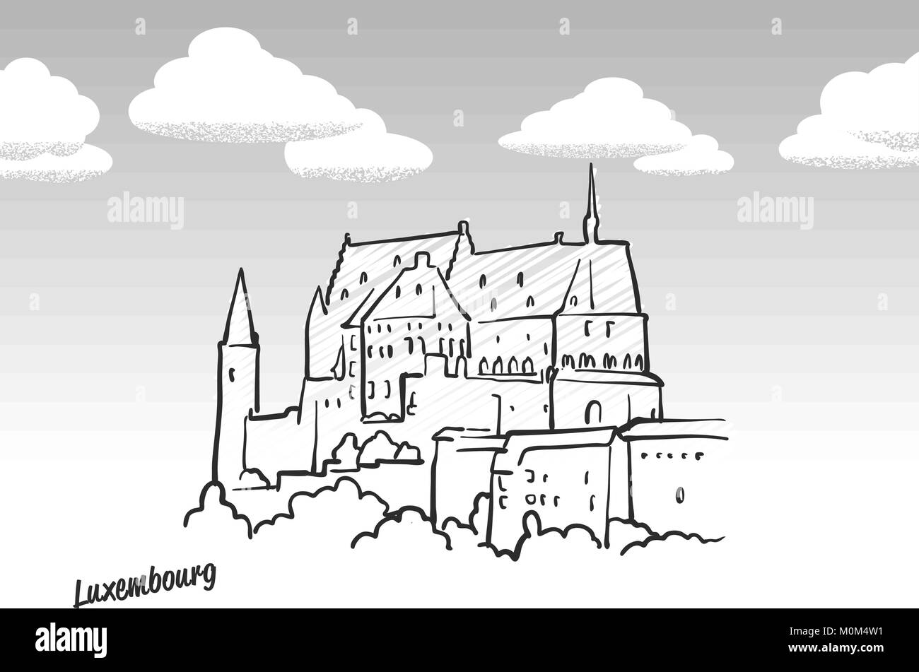 Luxemburg Wahrzeichen Skizze. Lineart Zeichnung von Hand. Grußkarte Symbol mit Titel, Vektor, Abbildung Stock Vektor