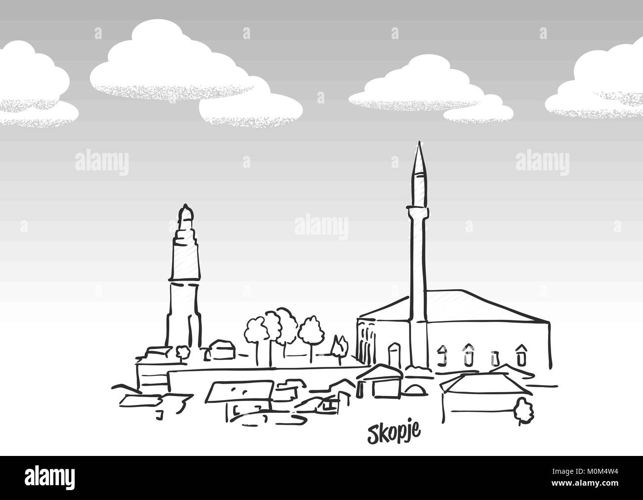 Skopje, Mazedonien Wahrzeichen Skizze. Lineart Zeichnung von Hand. Grußkarte Symbol mit Titel, Vektor, Abbildung Stock Vektor