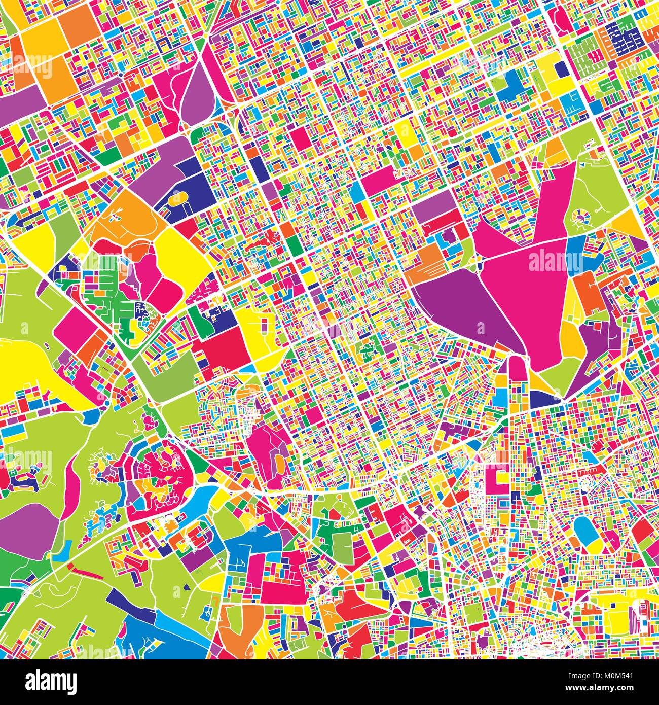 Riyadh, Saudi-Arabien, bunte Vektorkarte. Weiße Straßen, Schienen und Wasser. Helle farbige Wahrzeichen formen. Kunst Muster drucken. Stock Vektor