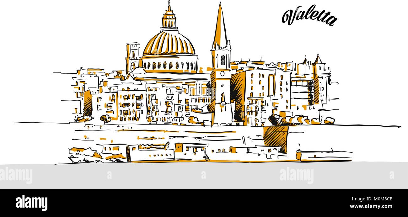 Skizze von Valletta, Malta. Hand Vector Illustration mit modernen Schlagzeile gezeichnet. Verwenden Sie für die Grußkarte und Travel Marketing. Stock Vektor