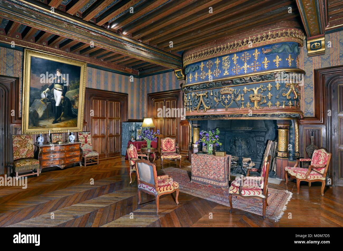 Frankreich, Cher, Jacques Coeur route, Schloss von Ainay le Vieil, das Wohnzimmer mit dem Kamin, geschmückt mit heraldischen Symbole von Ludwig XII. und Anne de Bretagne und ein Portrait von allgemeinen Auguste Colbert Stockfoto