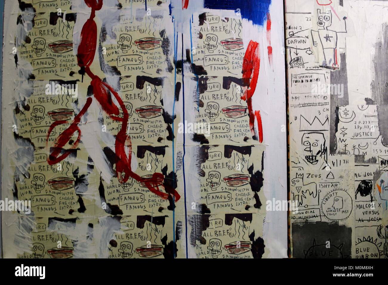 Sao Paulo, Brasilien. 22 Jan, 2018. Detail der Arbeit von Jean Michel Basquiat bei der Montage der Retrospektive des amerikanischen Malers von afro-karibischen Abstieg in das kulturelle Zentrum der Banco do Brasil. Die Ausstellung wird für die Öffentlichkeit zugänglich am nächsten Donnerstag, den 25., werden das Jubiläum Tag der Stadt. Die Ausstellung wird durch CCBB Veranstaltungsorte in drei anderen Hauptstädten gehen, - BrasÃ Lia, Belo Horizonte und Rio de Janeiro, mit freien Eintritt in alle von ihnen. Kuratiert von Pieter Tjabbes Art Unlimited, die Ausstellung versammelt 80 Werke des Künstlers, der 1988 starb. Unter seinen Werken sind Paintin Stockfoto