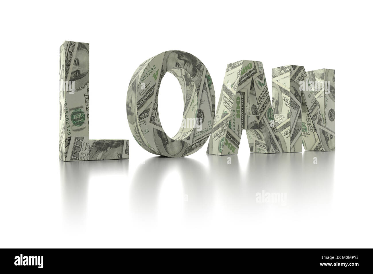 3D-Rendering des Darlehens Wort umwickelt mit 100 USD Banknoten auf weißem Hintergrund Stockfoto