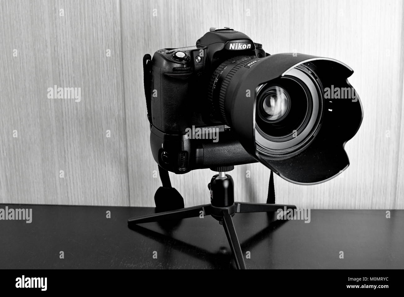 Nikon DSLR D80 und Akku und Linsen auf dem Display und Weihnachtsschmuck sowie Stockfoto