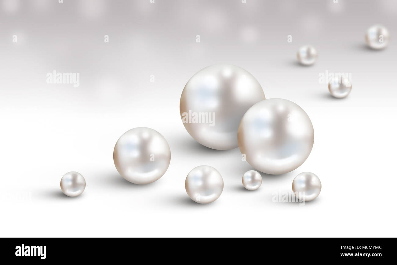 Pearl Hintergrund mit vielen kleinen und großen weißen glänzendes Perlmutt Perlen auf weißen und grauen Hintergrund isoliert - Platz für Ihren Text Stockfoto