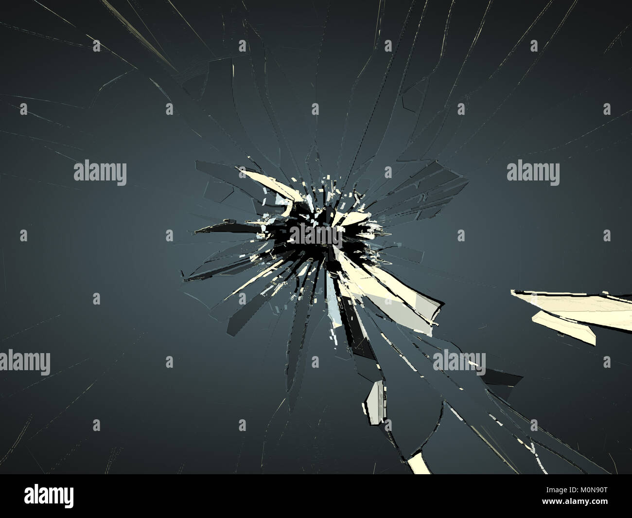 Zerbrochenes Glas mit einschussloch auf Schwarz. Große Auflösung Stockfoto