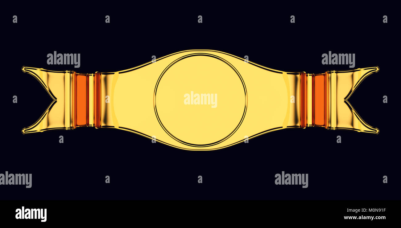 Golden leer Emblem oder Label mit runder Form. Nützlich als Zertifikat isoliert auf Schwarz Stockfoto