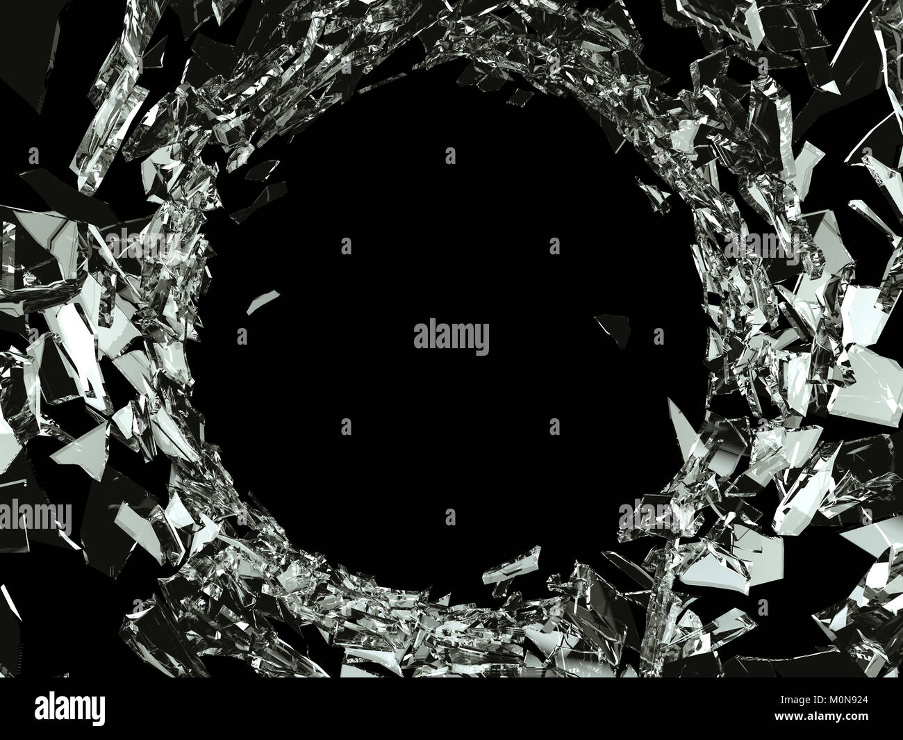 Stücke von Shattered Glass auf schwarzem Hintergrund. Große Auflösung Stockfoto