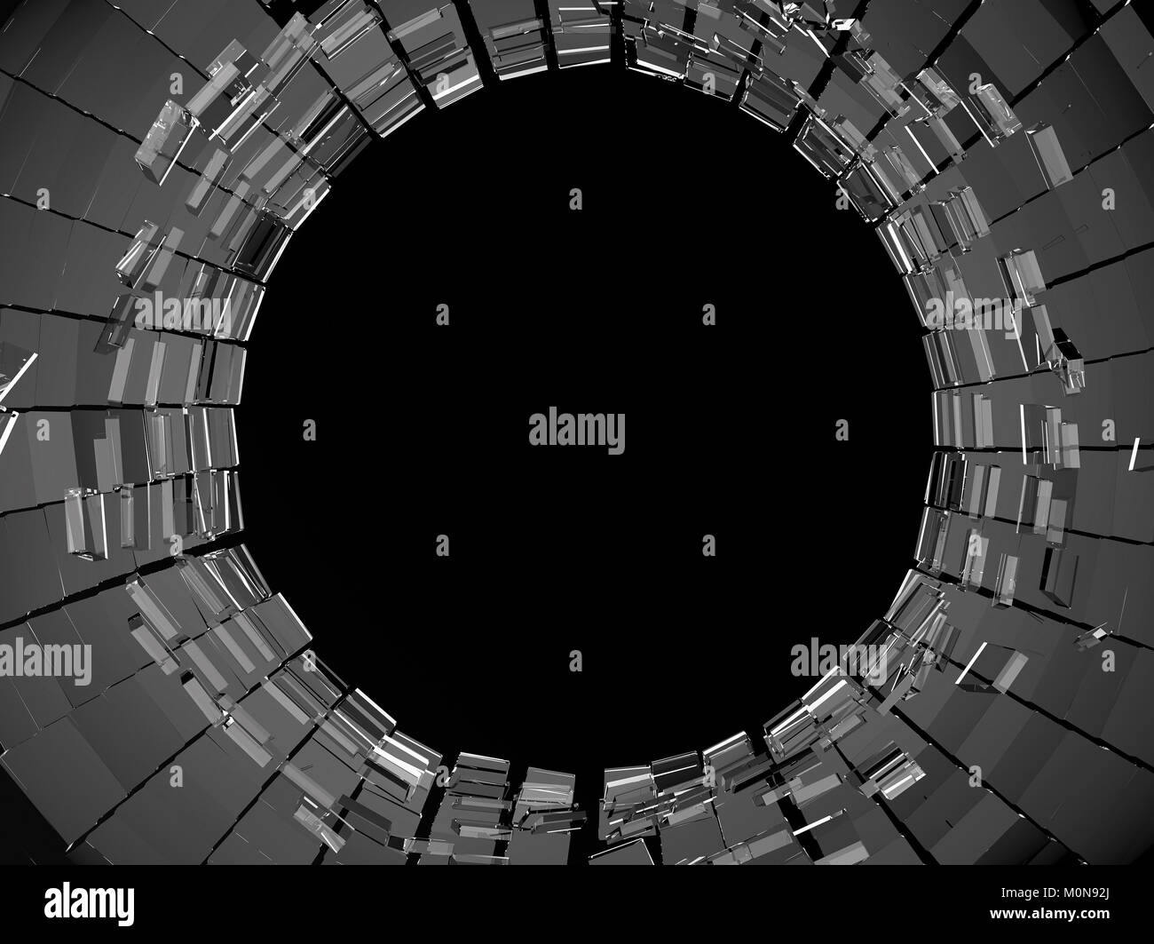 Zerbrochen oder Glas und Loch in der Mitte abgerissen. Auf schwarz Stockfoto