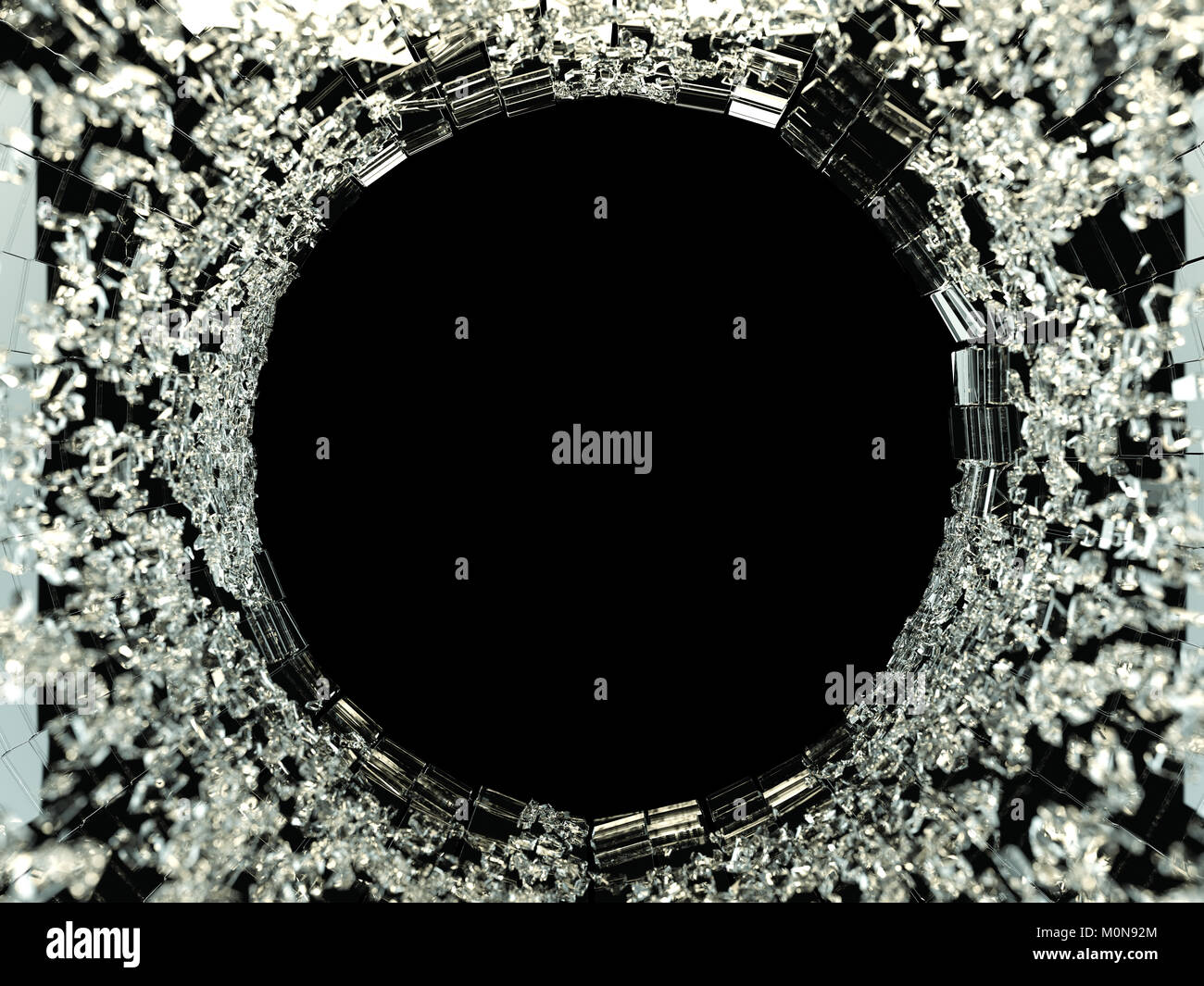 Shattered Glas und große Loch in der Mitte: Tatort. Auf schwarz Stockfoto