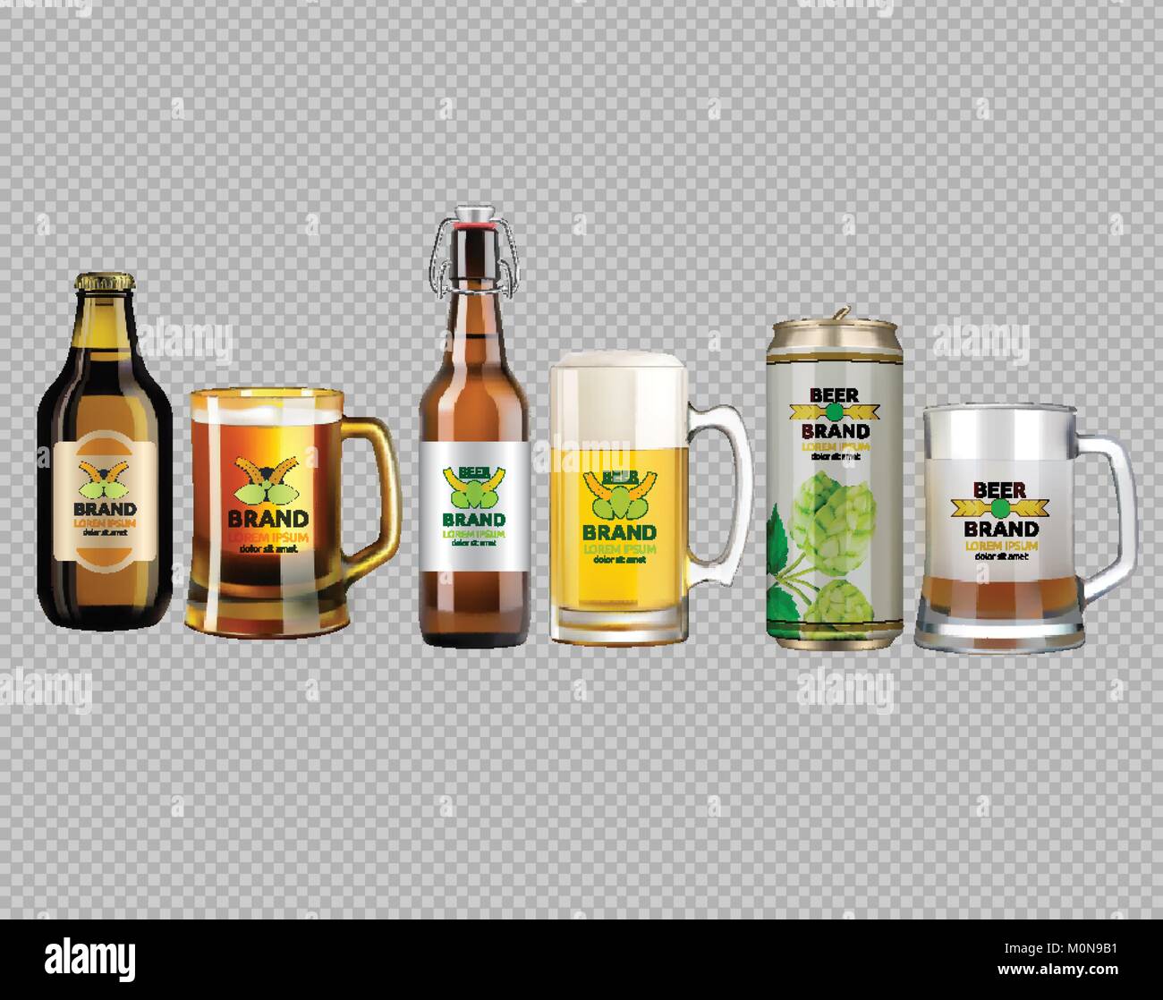 Vektor realistische Glas und Metall weiße und braune Bier Flasche und Gläser. Marke Verpackung Vorlage. Logo Designs mit Hop Blumen. Gold Hintergrund Stock Vektor