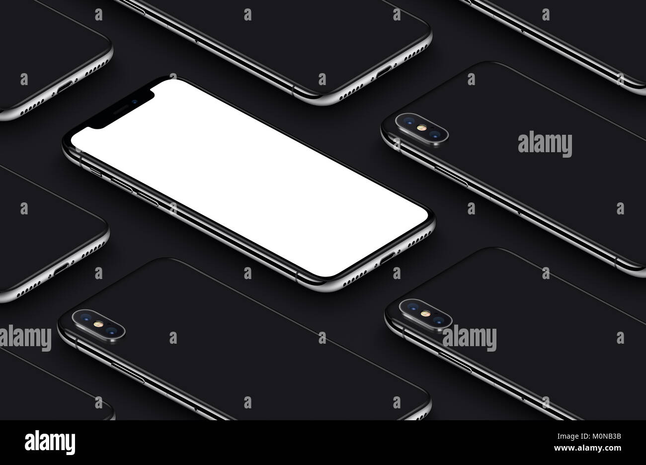 Ähnlich wie das iPhone X perspektivische Ansicht Isometrische smartphones Muster MOCKUP. Neue rahmenlose smartphone Rückseite und Vorderseite mockup. Stockfoto