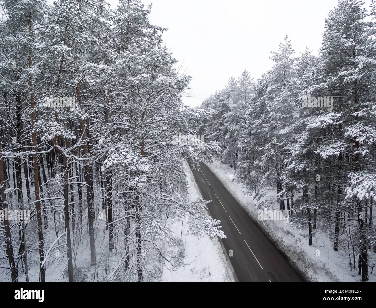 Antenne Blick von oben auf die Straße im Winter Wald Stockfoto