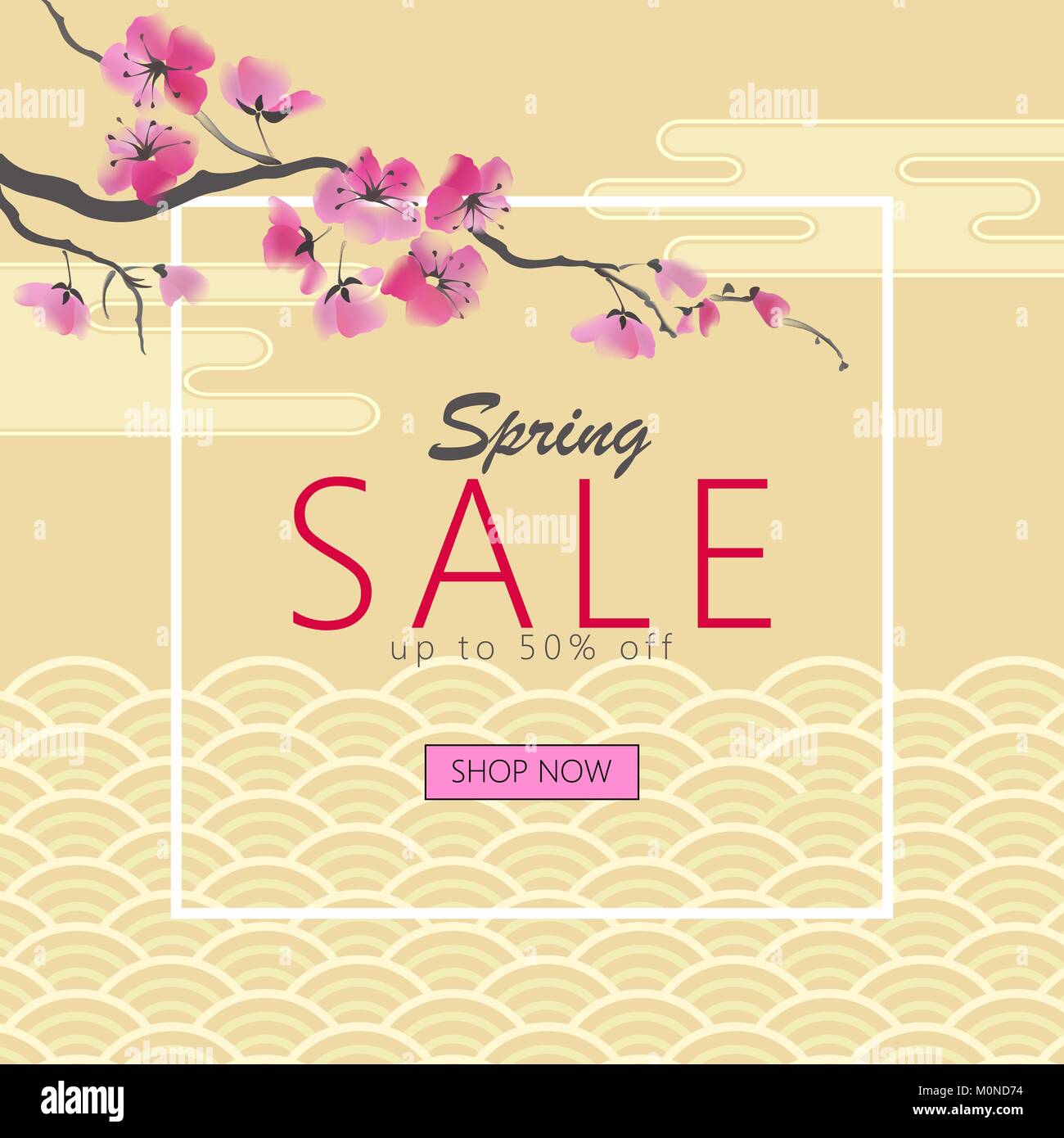 Feder saisonale sakura Blume golden japanischen Banner. Asiatische koreanische orientalische Ornament wave Pink Blossom Werbemittel web Hintergrund template vector Aquarell Abbildung Stock Vektor