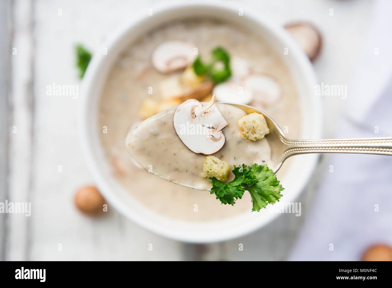 Creme der Pilzsuppe und Croutons auf Löffel Stockfoto
