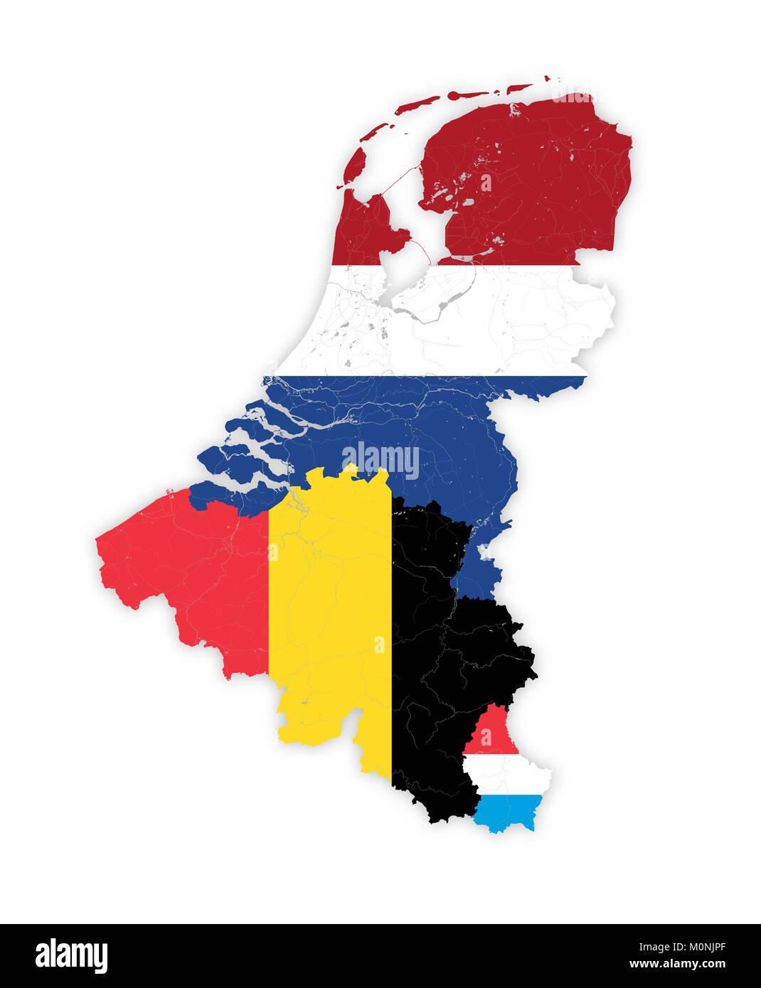 Karte von BeNeLux mit Flüssen und Seen in den Farben der Nationalflaggen. Die Karte besteht aus separaten Karten von Belgien, Niederlande und Luxemburg t Stock Vektor