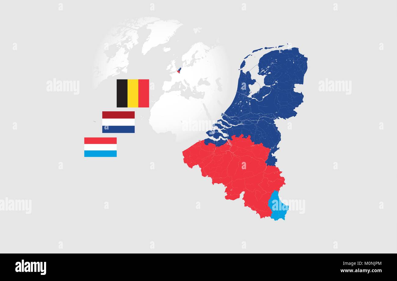Karte von BeNeLux mit Flüssen und Seen und Nationale Fahnen. Die Karte besteht aus separaten Karten von Belgien, Niederlande und Luxemburg, die uns werden können Stock Vektor
