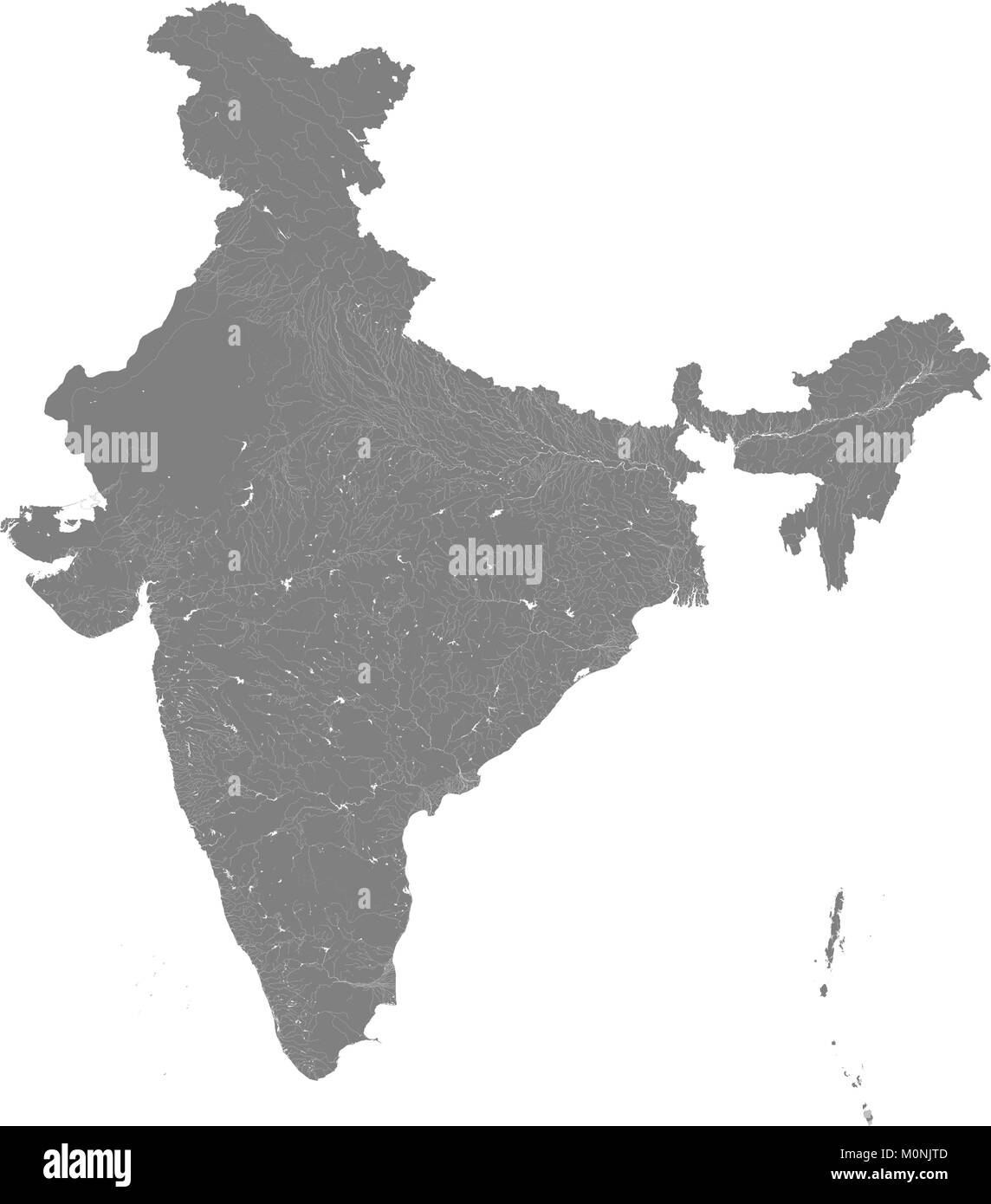 Karte von Indien mit Flüssen und Seen. Sieht besonders schön bei hoher Vergrößerung. Nicht für die Navigation verwenden. Stock Vektor