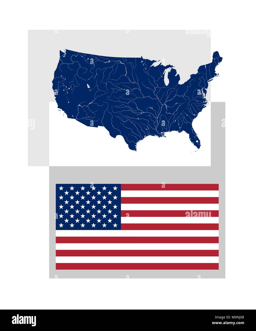 Karte der Vereinigten Staaten von Amerika mit Flüssen und Seen und der nationalen Flagge und der Stern der USA. Richtiges Design und Farben. Flüsse werden angezeigt. Stock Vektor